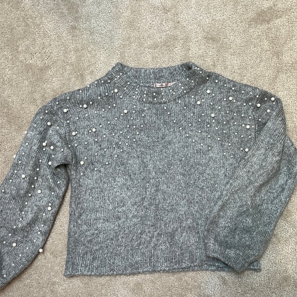 ESQUALO grey sweater, pearl embellishments, bell puff sleeve, size M,